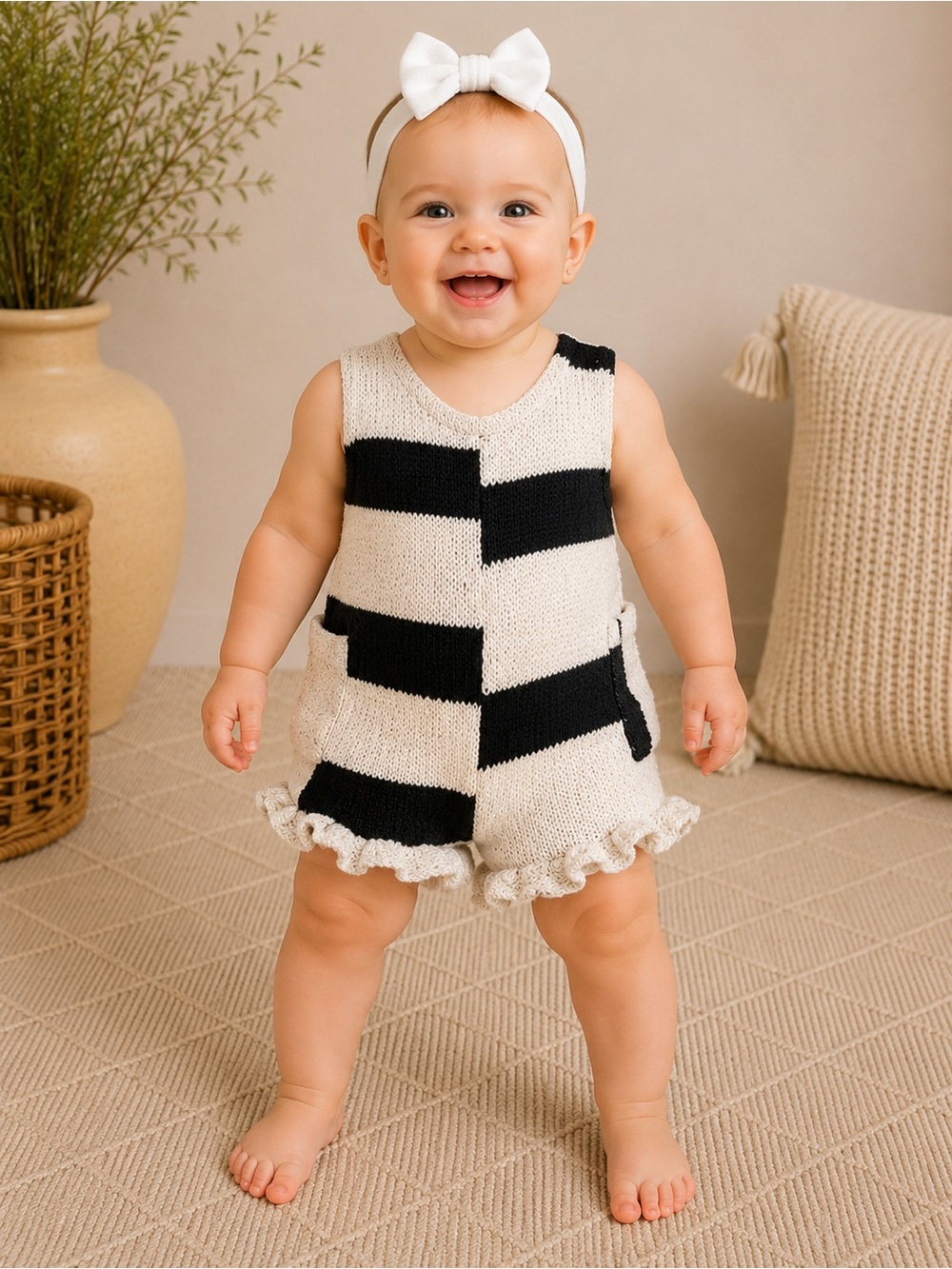 Zara Baby Knit Stripe Romper Cream & Black Ruffle Trim Sleeveless | Size 9-12M